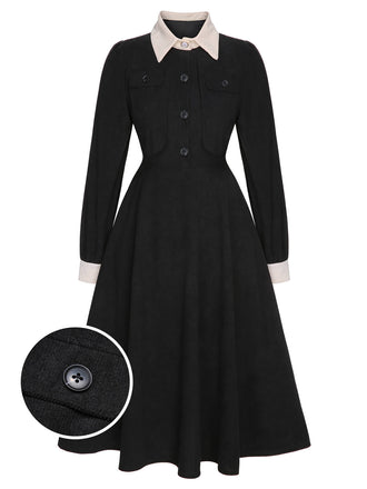 Black 1950s Lapel Patchwork Button Dress
