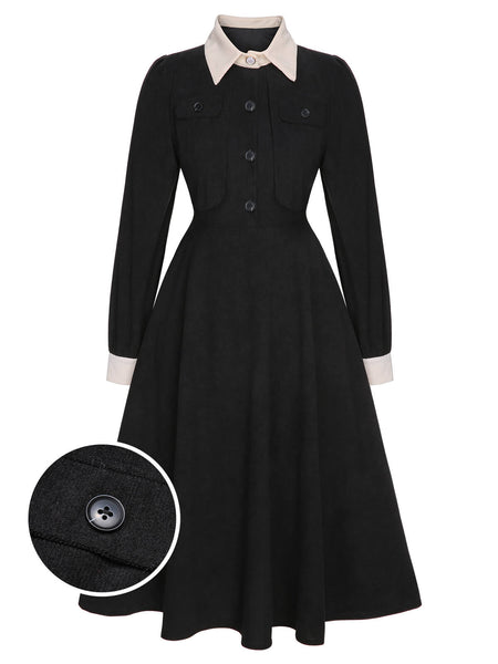 Black 1950s Lapel Patchwork Button Dress