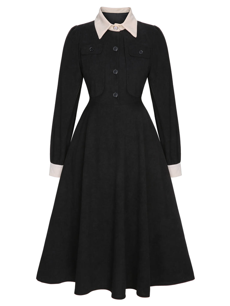 Black 1950s Lapel Patchwork Button Dress