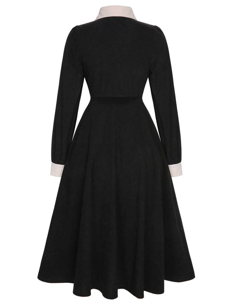 Black 1950s Lapel Patchwork Button Dress