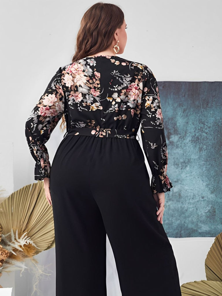 [Plus Size] Black 1930s High-Waist Straight Belted Jumpsuit