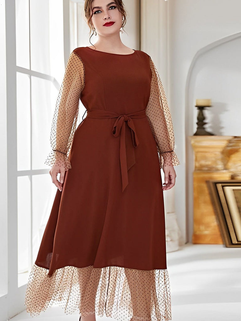 [Plus Size] 1930s Mesh Polka Dot Patchwork Dress