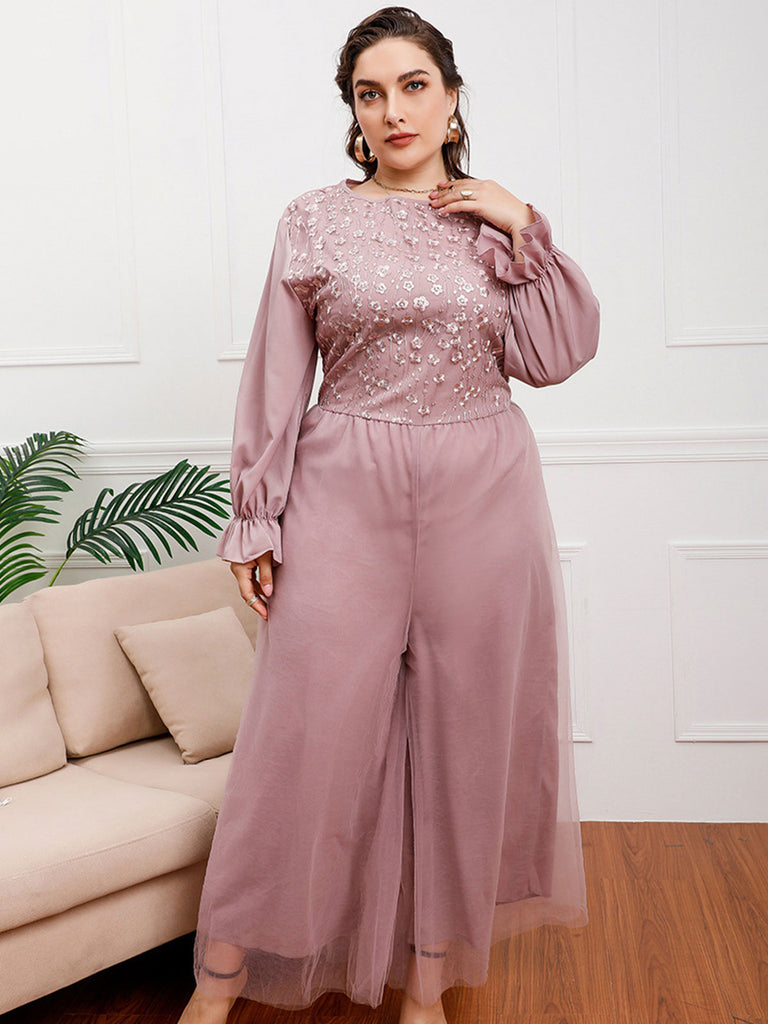 [Plus Size] Pink 1930s Ruffled Mesh Long Sleeves Diamond Jumpsuit