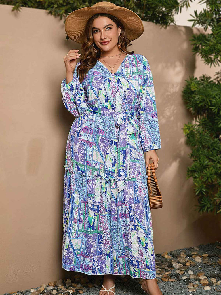 [Plus Size] 1930s Floral V-Neck Lantern Maxi Dress
