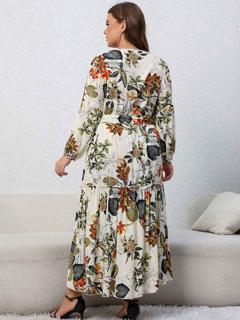 [Plus Size] 1930s Floral V-Neck Lantern Maxi Dress