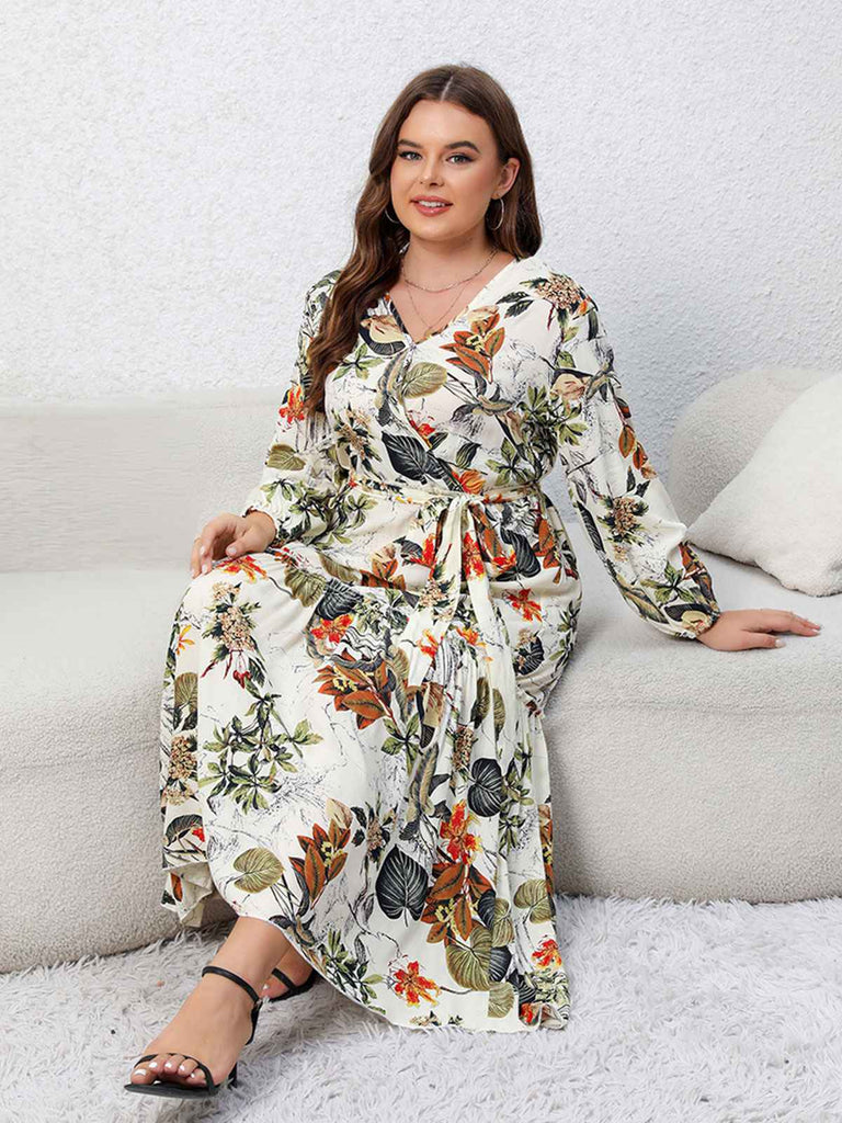 [Plus Size] 1930s Floral V-Neck Lantern Maxi Dress