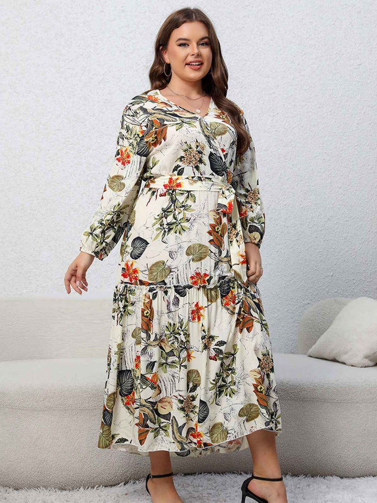 [Plus Size] 1930s Floral V-Neck Lantern Maxi Dress