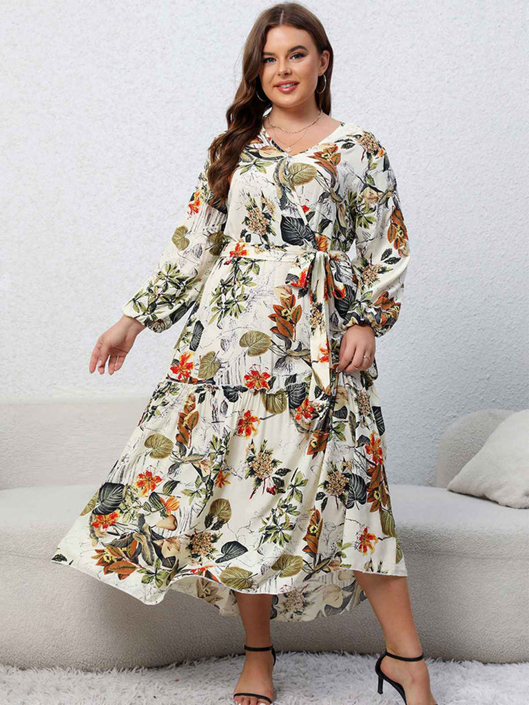 [Plus Size] 1930s Floral V-Neck Lantern Maxi Dress