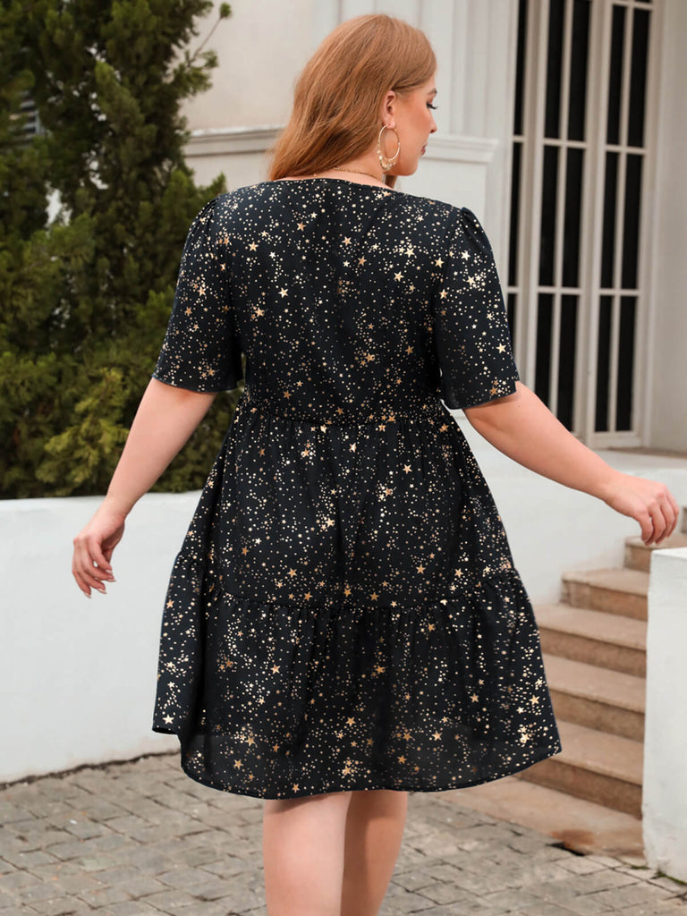 [Plus Size] 1950s Hot Stamping Stars Square Neck Dress