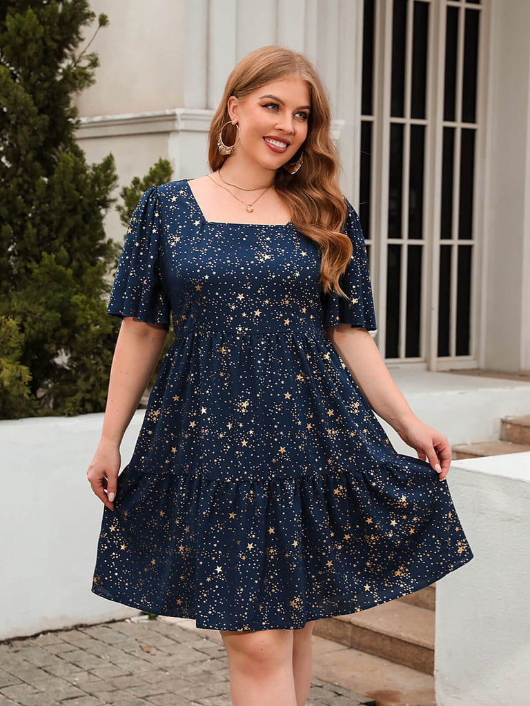 [Plus Size] 1950s Hot Stamping Stars Square Neck Dress