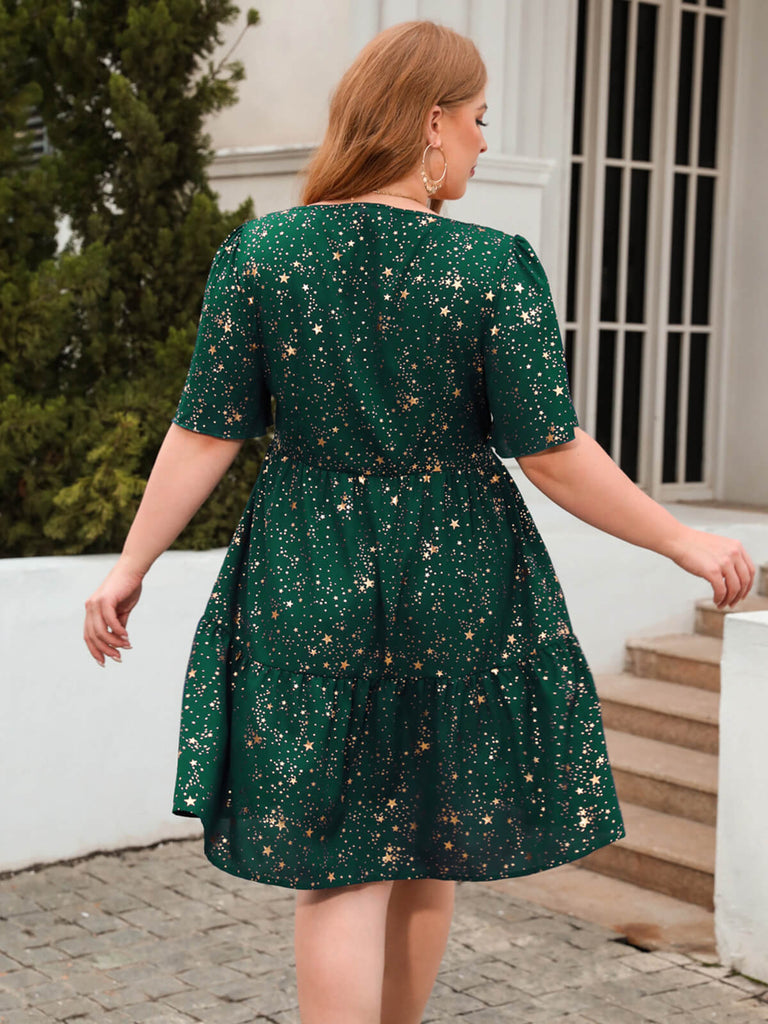 [Plus Size] 1950s Hot Stamping Stars Square Neck Dress
