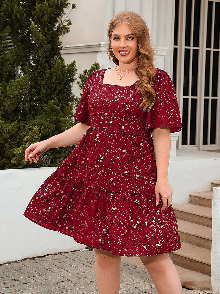 [Plus Size] 1950s Hot Stamping Stars Square Neck Dress