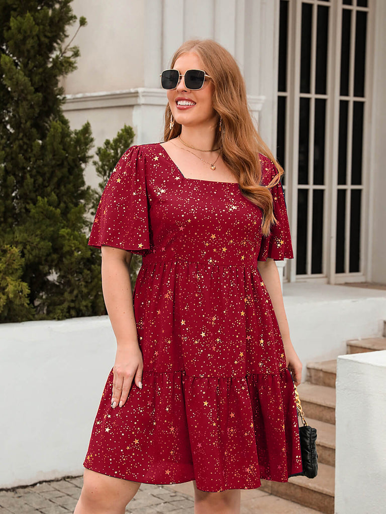 [Plus Size] 1950s Hot Stamping Stars Square Neck Dress