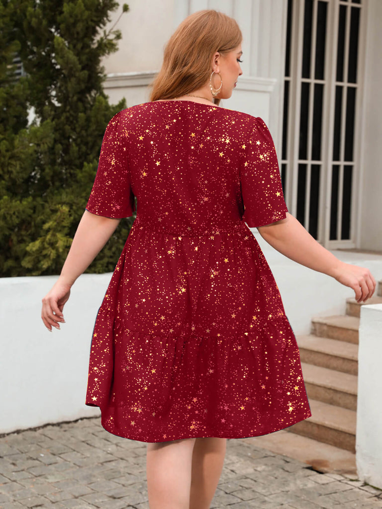 [Plus Size] 1950s Hot Stamping Stars Square Neck Dress