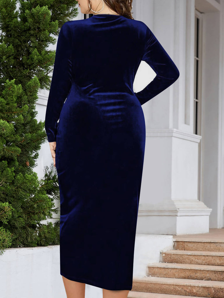 [Plus Size] 1960s Velvet V-Neck Wrap Dress