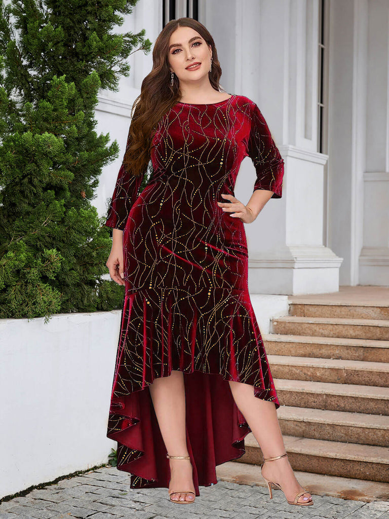 [Plus Size]1930s Seven-Part Sleeve High-Low Hem Mermaid Dress