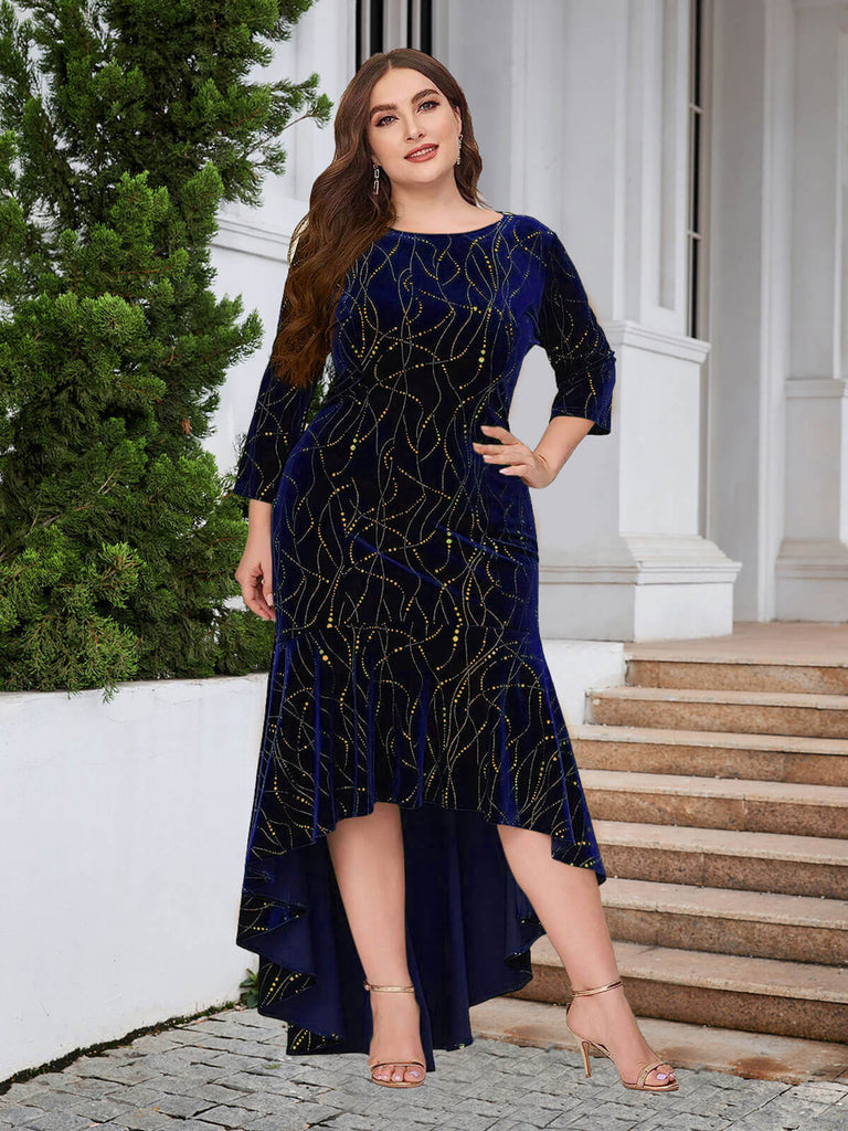 [Plus Size]1930s Seven-Part Sleeve High-Low Hem Mermaid Dress