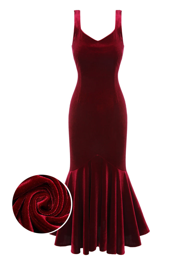 Wine Red 1930s Strap Velvet Mermaid Dress