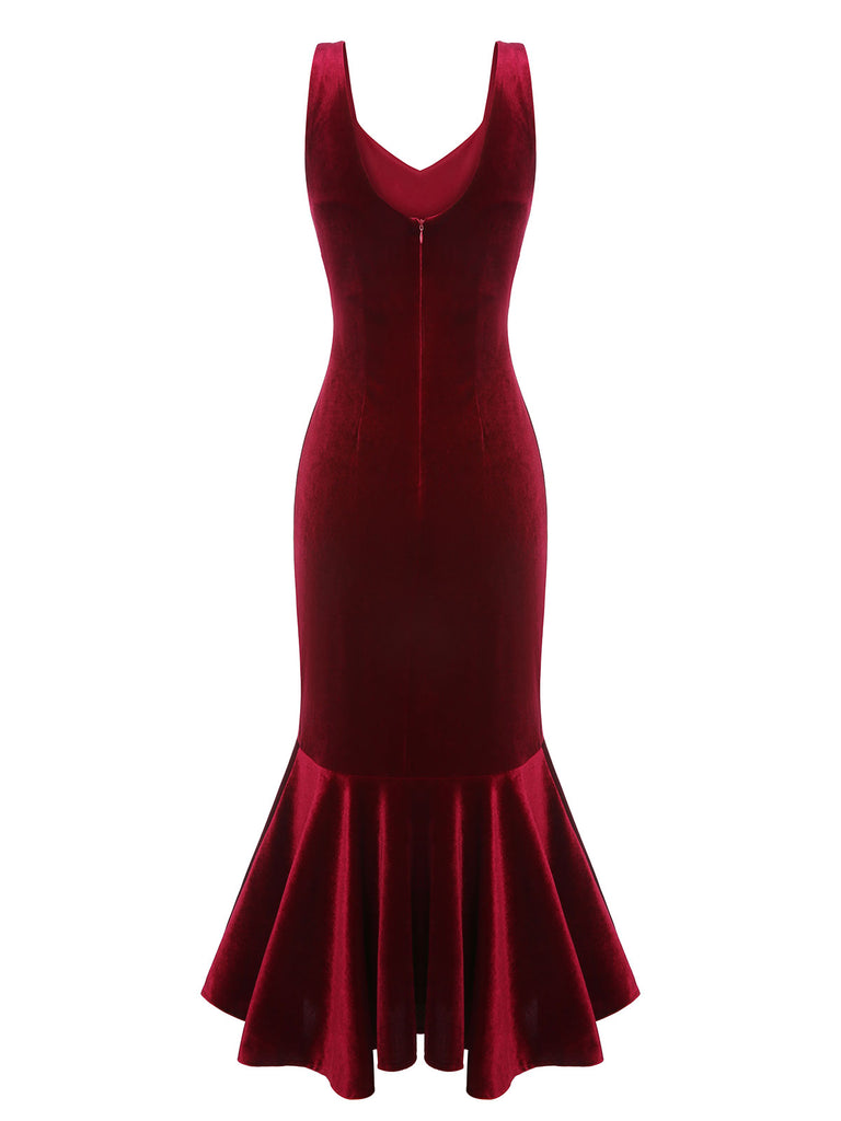 Wine Red 1930s Strap Velvet Mermaid Dress