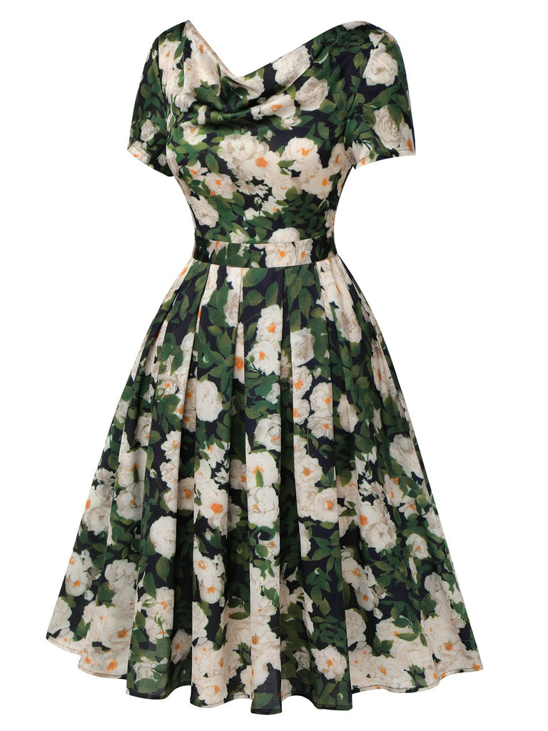 [Pre-Sale] Green 1950s Cowl Neck Painting Flower Dress
