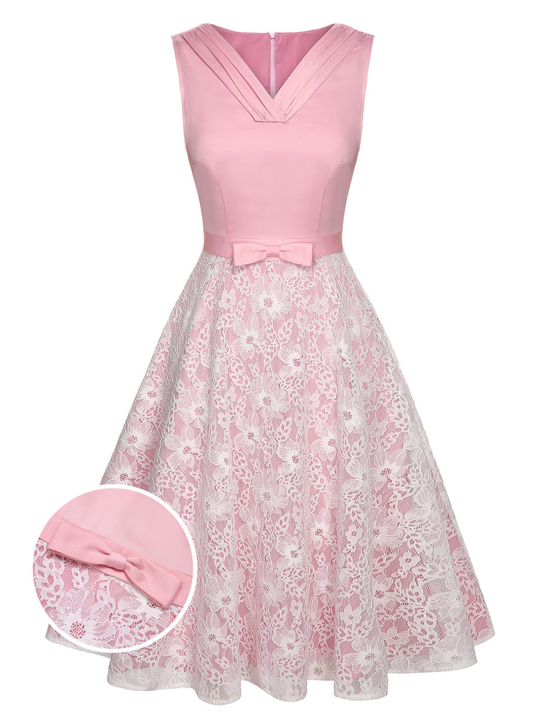 Retro Stage A Line Cocktail Dresses 1950s Dress Wedding Guest Tea Length Sleeveless V Neck with Bow