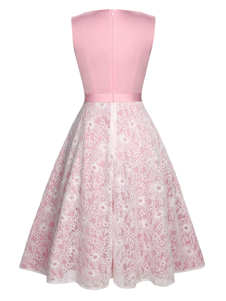 Pale Pink 1950s Solid Lace Patchwork Dress