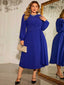 [Plus Size] Blue 1940s Puff Sleeve Lace-Up Solid Dress