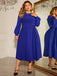 [Plus Size] Blue 1940s Puff Sleeve Lace-Up Solid Dress