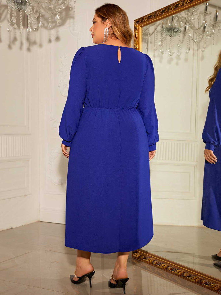 [Plus Size] Blue 1940s Puff Sleeve Lace-Up Solid Dress