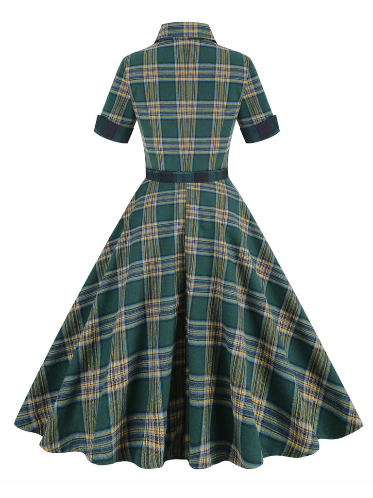Dark Army Green 1950s Lapel Plaid Dress
