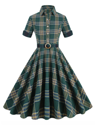 Dark Army Green 1950s Lapel Plaid Dress