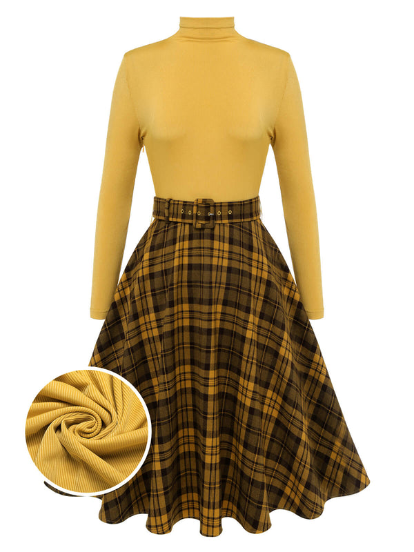 Yellow 1950s Plaid Turtleneck Belted Dress | Retro Stage