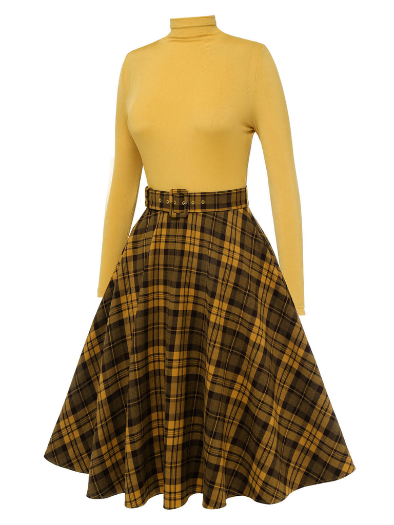 Yellow 1950s Plaid Turtleneck Belted Dress