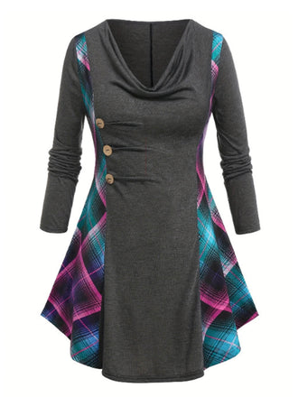 [Plus Size] Gray 1940s Plaid Patchwork Tunic Top