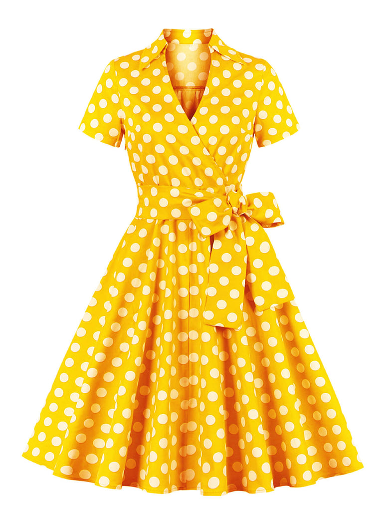 [Plus Size] 1950s Polka Dots Waist Tie Lapel Dress