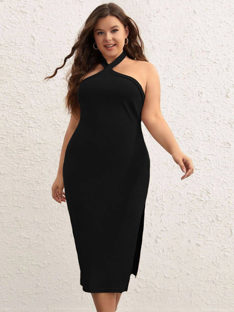 [Plus Size] Black 1960s Cross Halter Dress