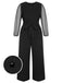 [Plus Size] Black 1930s Mesh Lantern Sleeve Belted Jumpsuit