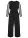 [Plus Size] Black 1930s Mesh Lantern Sleeve Belted Jumpsuit