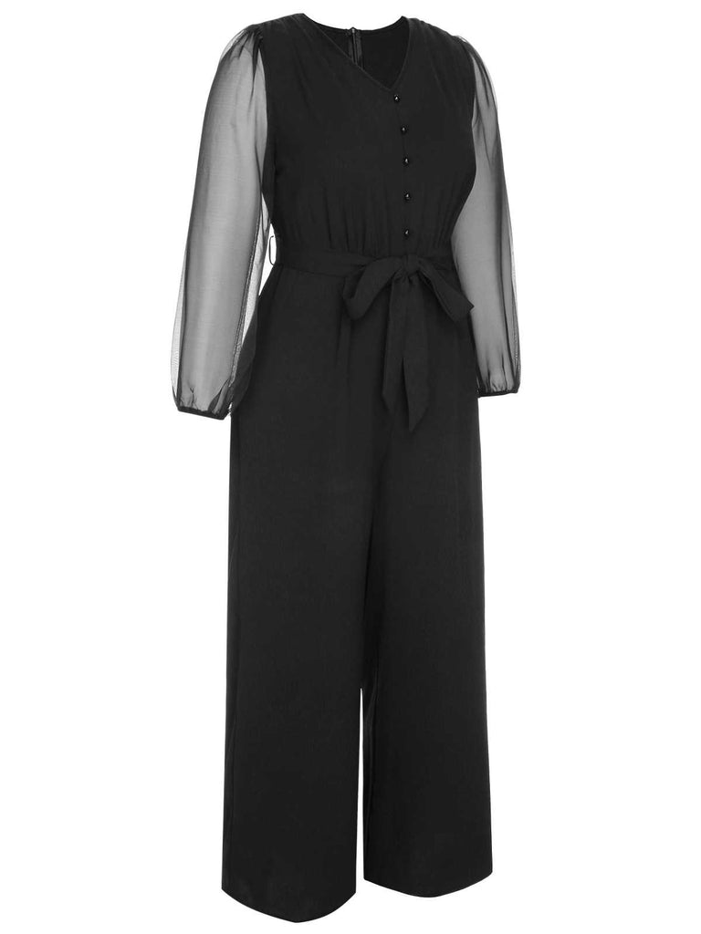 [Plus Size] Black 1930s Mesh Lantern Sleeve Belted Jumpsuit