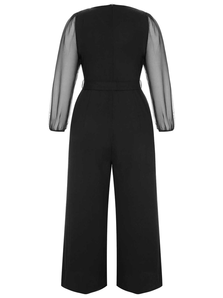 [Plus Size] Black 1930s Mesh Lantern Sleeve Belted Jumpsuit