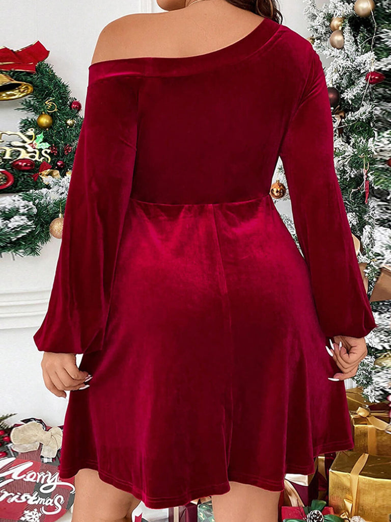 [Plus Size] Red 1950s Solid One-Shoulder Velvet Dress