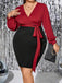 [Plus Size] Red 1960s Deep V-Neck Patchwork Dress