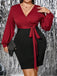 [Plus Size] Red 1960s Deep V-Neck Patchwork Dress