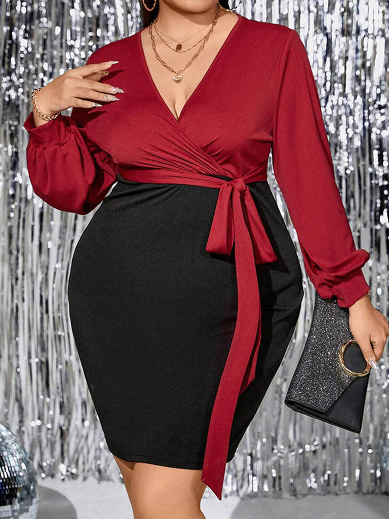 [Plus Size] Red 1960s Deep V-Neck Patchwork Dress