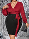 [Plus Size] Red 1960s Deep V-Neck Patchwork Dress