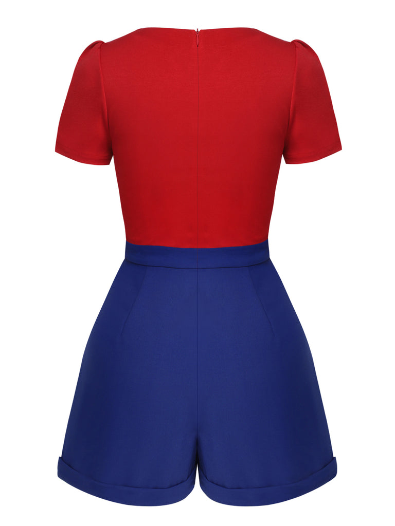 Red & Blue 1950s Solid Tie Romper