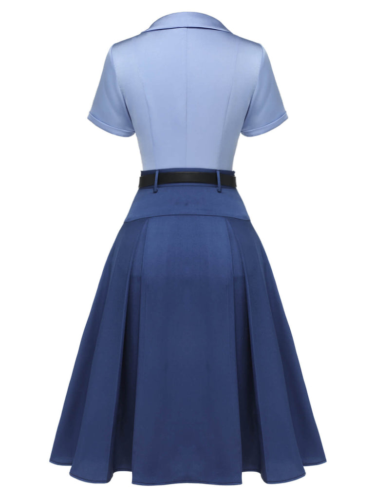 2PCS Dark Blue 1950s Solid Lapel Blouse & Pleated Skirt