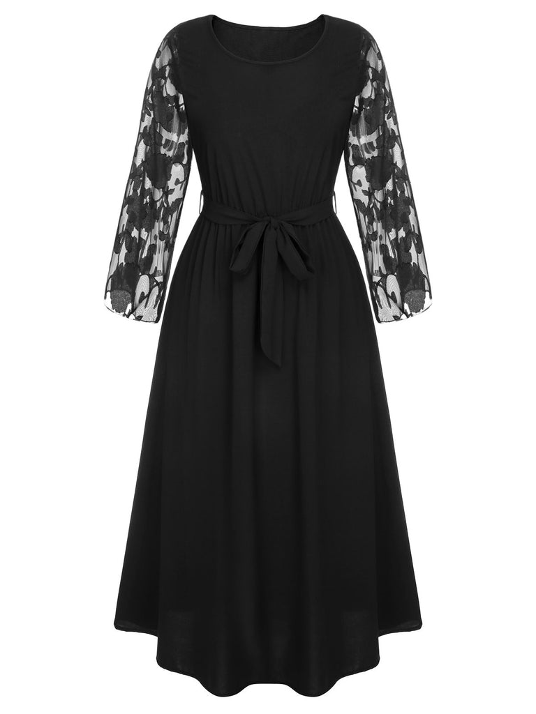 [Plus Size] Black 1930s Mesh Rose Patchwork Dress