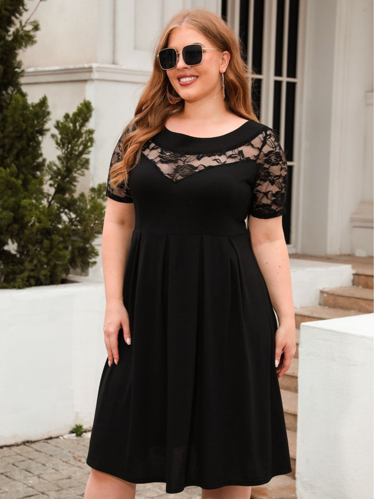 [Plus Size] 1940s Hollow Lace Solid Dress