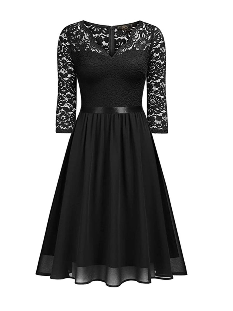 1950s V-Neck Lace Tucked-In Waist Dress